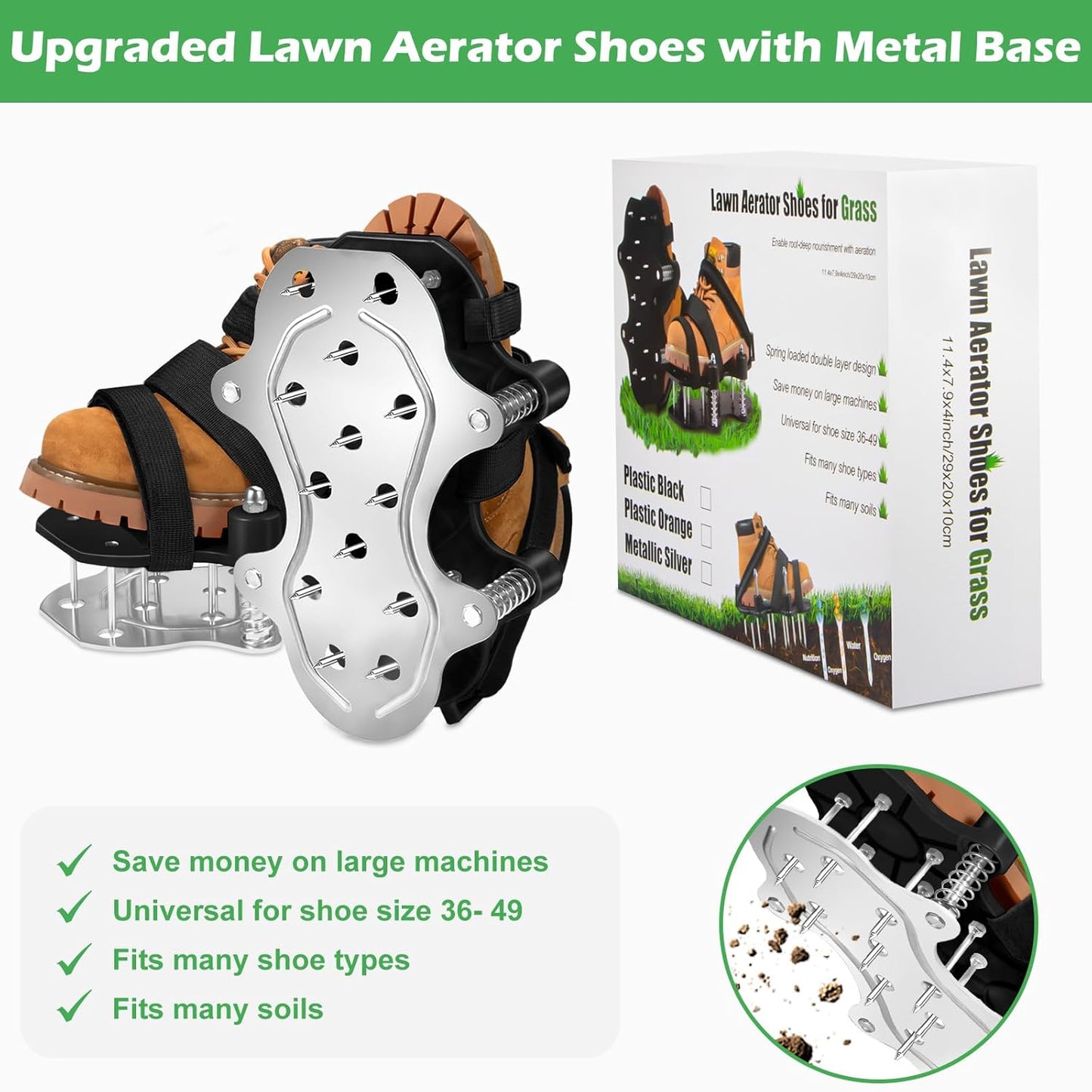 NAZZO Upgrade Lawn Aerator Shoes, Patented Double Layer Lawn Shoes, Aluminum Soleplate Spring-Loaded Design, No Dirt on The Shoes, Soil Yard Aerator Tool for Aerating Patio Garden, Black