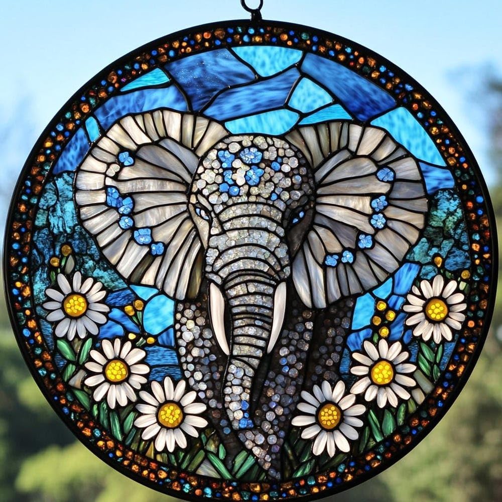 Floral Elephant Acrylic Suncatcher Window Hanging Faux Stained Glass Decor Nature Lover Gift Moms Gift