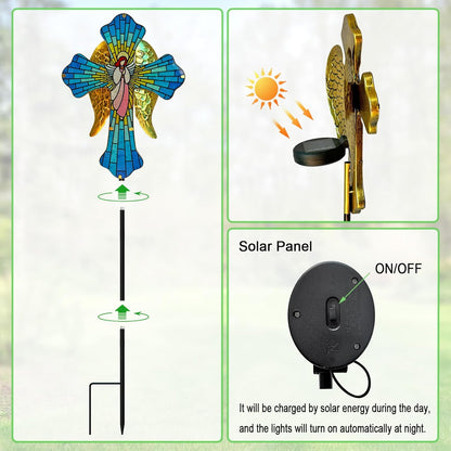 WAIU 33 Inch Solar Cross Garden Light Outdoor Decorative - Solar Acrylic Jesus and Metal Angel Wings Stake Light Waterproof Warm White LED for Remembrance Gifts & Sympathy Gifts.