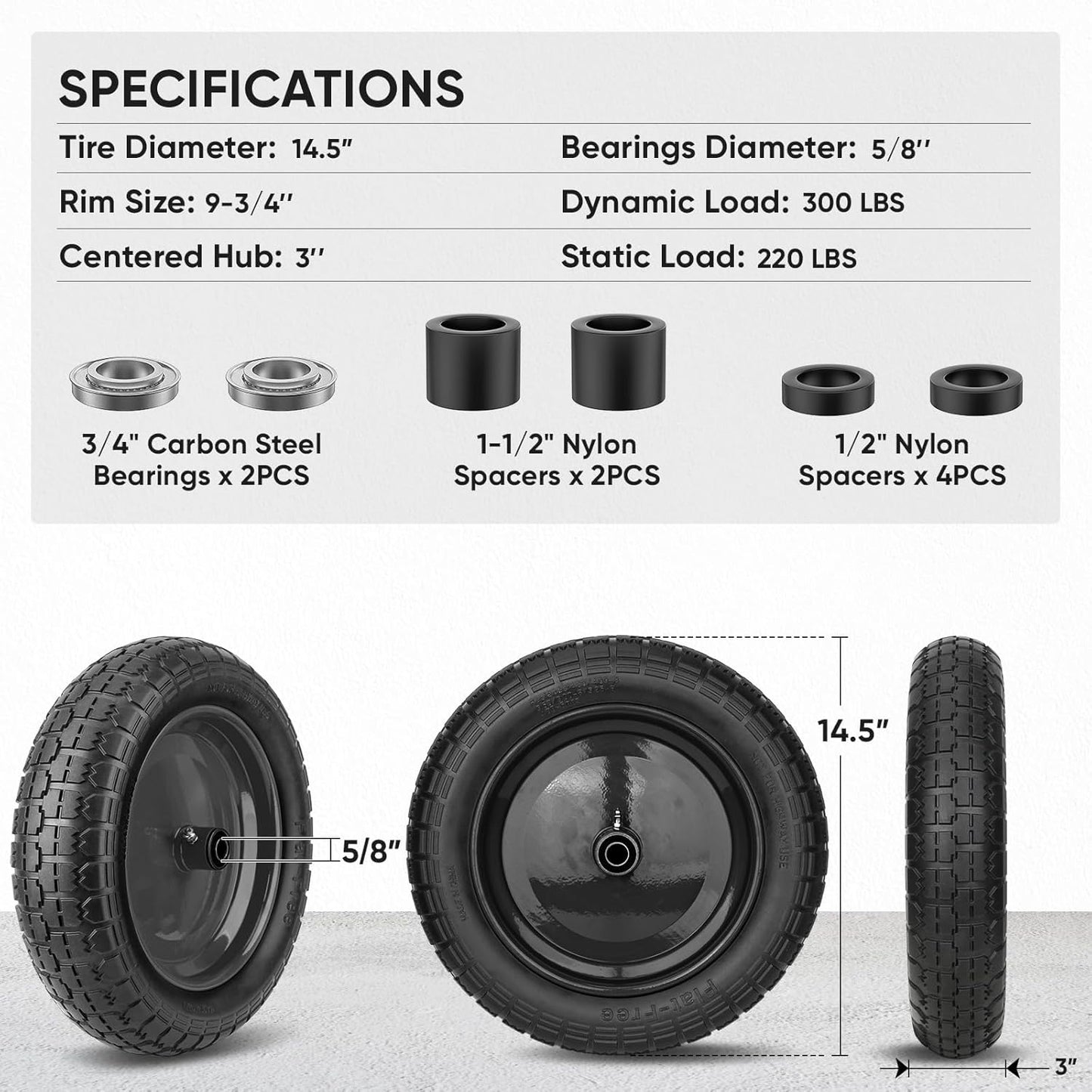 TICONN 4.80/4.00-8 Tire, 14.5" Flat Free Wheelbarrow Tire and Wheel, Solid Replacement Tires with 3" Centered Hub, 5/8" 3/4" Bearings, Universal Fit 4.80/4.00-8, 3.50/3.00-8, 4.00-6 (Black)