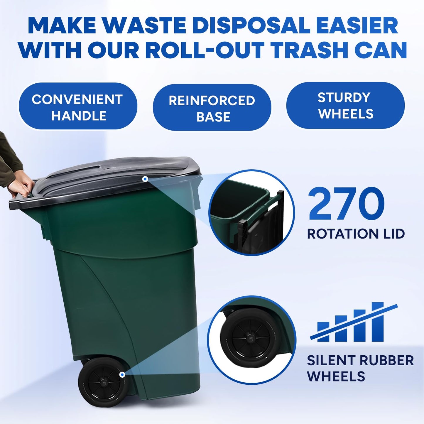 50-Gallon Rollout Trash Can with Lid, Commercial Heavy-Duty Container with Wheels, Green
