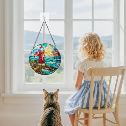 Suncatcher Stained Glass Window Hanging - Lighthouse Glass Panel with Metal Chain and Hooks Handmade Sun Catcher Decoration for Window Garden Home Christmas & Birthday Gifts (8 Inch)