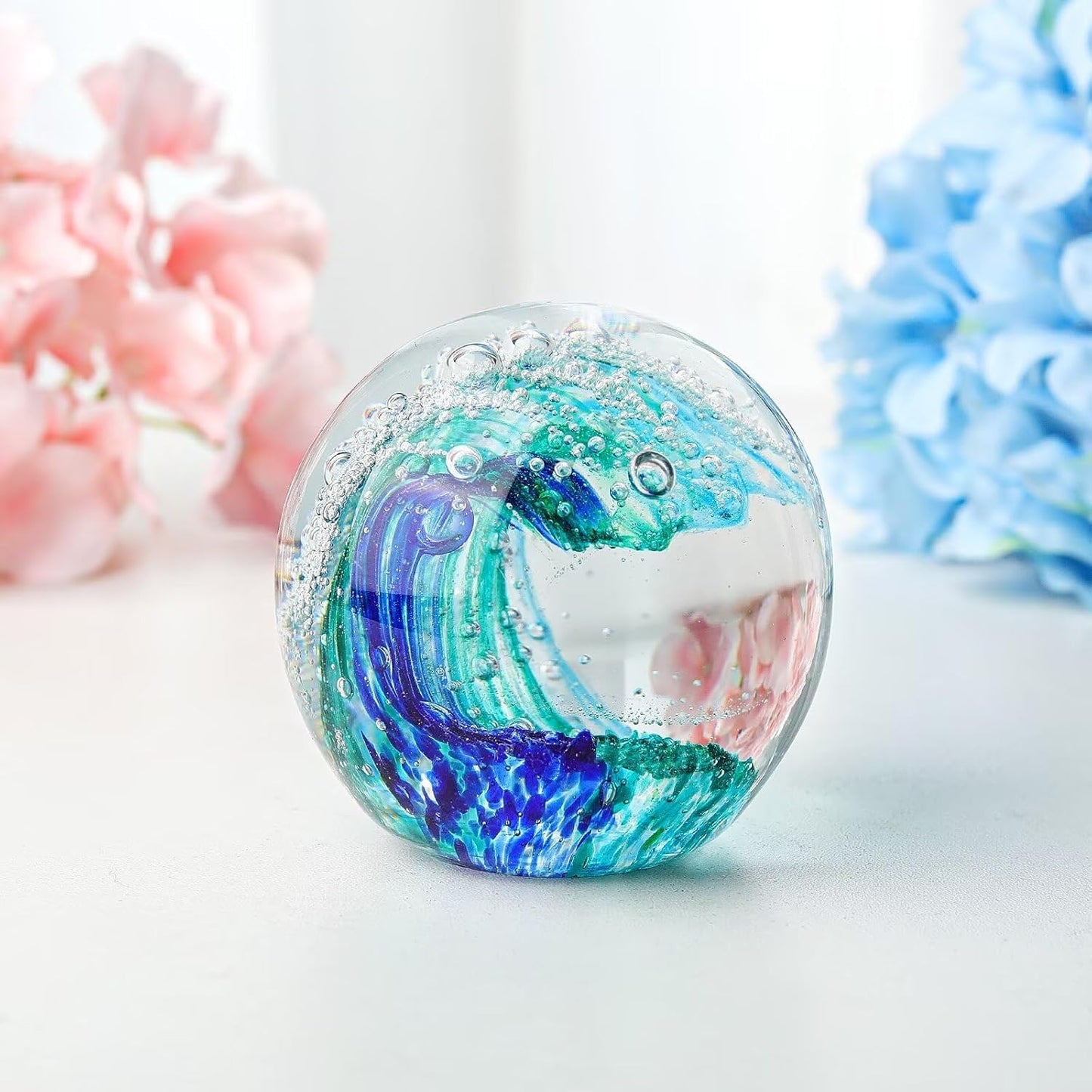 Decorative Crystal Ball Figurines Ocean Waves Paperweight Blown Glass Decor Sea Art Ocean Lovers Gift Blue Green 3.15"