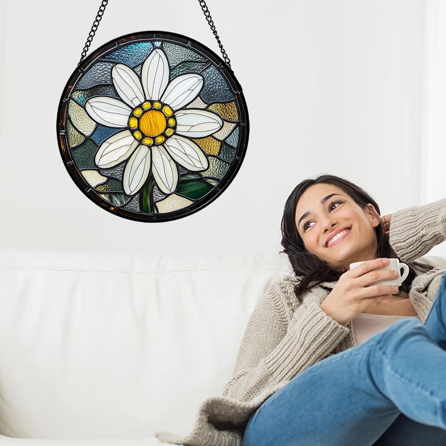 Stained Glass Window Hanging - Yellow White Daisy Birth Flower Suncatcher for Door Garden Yard Sun Catchers Decor Christmas Mother's Day Birthday Gifts for Teacher Women Mom Nana 9.8 in
