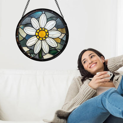 Stained Glass Window Hanging - Yellow White Daisy Birth Flower Suncatcher for Door Garden Yard Sun Catchers Decor Christmas Mother's Day Birthday Gifts for Teacher Women Mom Nana 9.8 in