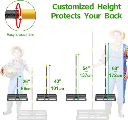 Lawn Leveling Rake 30”x10” Large Heavy Duty Metal Lawn Leveler with 65” Long Adjustable Handle Proffesional Yard Leveling Rake for Soil Dirt Sand Compost Efficient Lawn Leveling Tool
