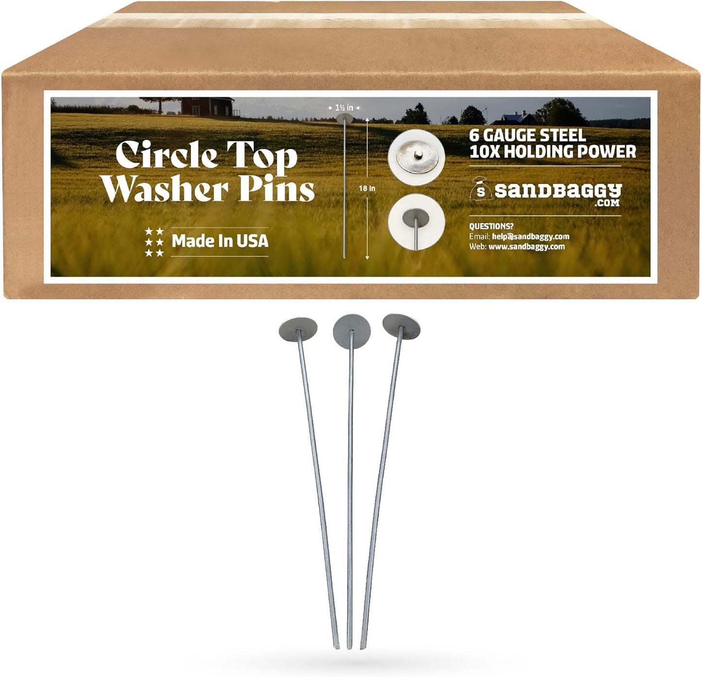 Sandbaggy 18-inch Circle Top Pins - Landscape Staples (Made in The USA) - Garden Stakes for Landscaping, SOD, Weed Barrier Fabric - Heavy Duty Ground Stakes, Lawn Turf Spikes, Decorations (100 Pins)