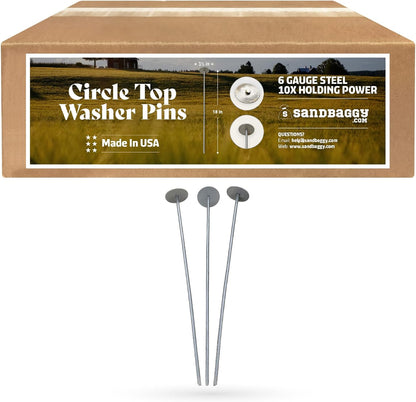 Sandbaggy 18-inch Circle Top Pins - Landscape Staples (Made in The USA) - Garden Stakes for Landscaping, SOD, Weed Barrier Fabric - Heavy Duty Ground Stakes, Lawn Turf Spikes, Decorations (100 Pins)