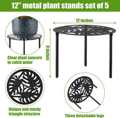 5-Pack 12” Heavy-duty Metal Plant Stands Large Flower Pot Holder for Indoor Outdoor Rust-proof Iron Potted Planter Stand Modern Round Corner Stand Shelf for Living Room Patio Garden Yard Black