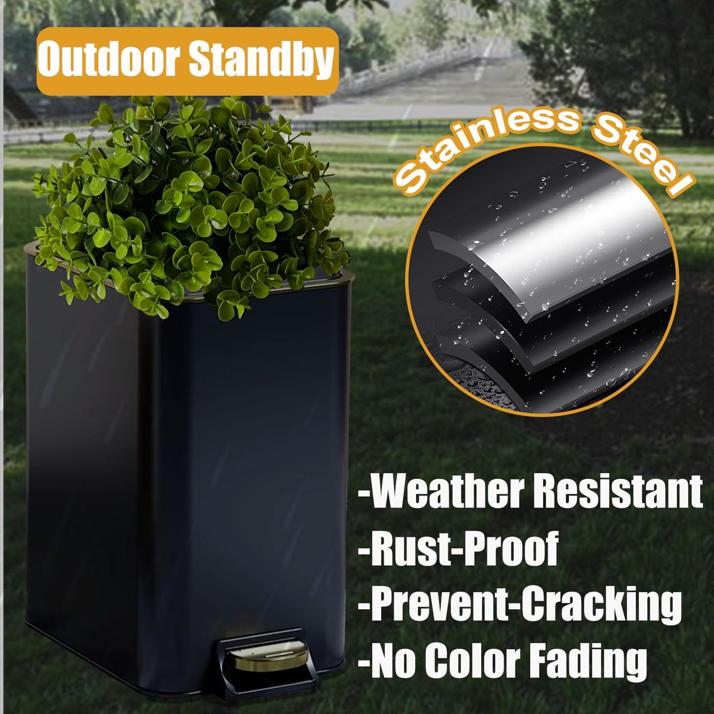 Yatmung Small Metal Trash Can with Lid - Dog Poop Trash Can Outside with Pedal - 10 Liters Pet Waste Container Outdoor - Plant-Styled Poop Bucket - 2.6 Gal Stainless Steel Garbage Bin - Black and Gold