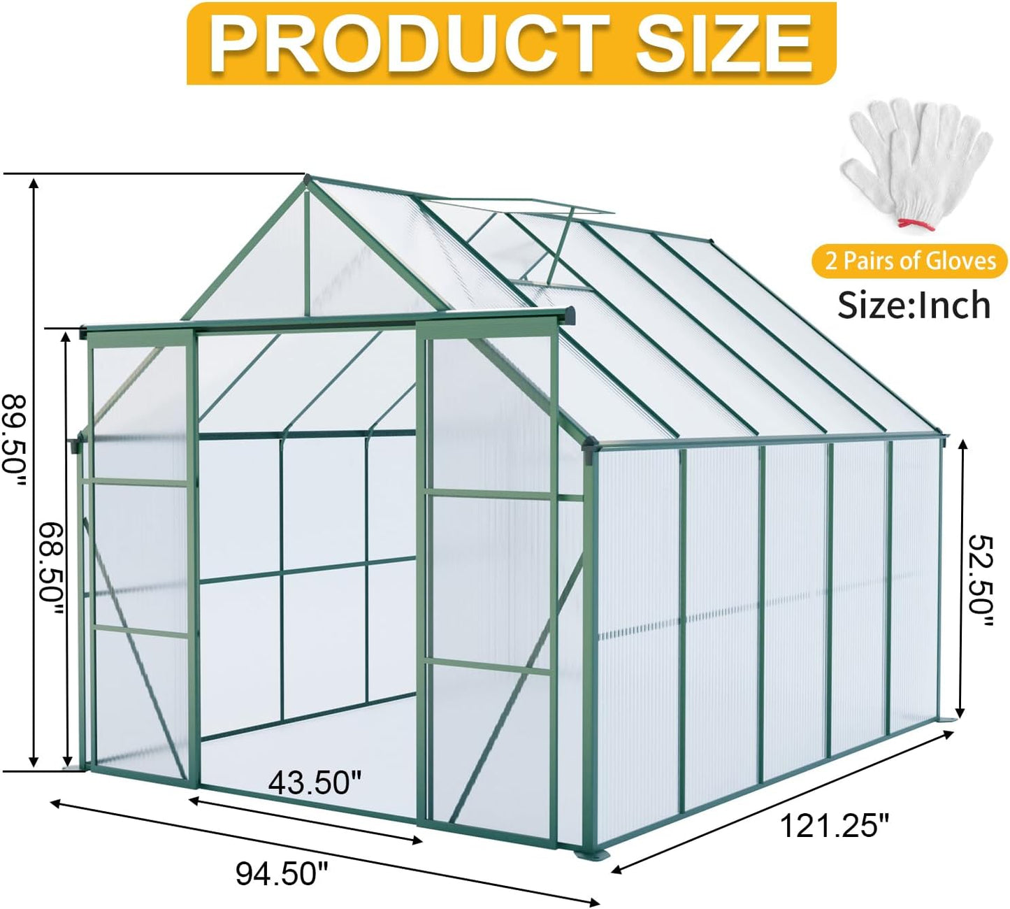 KEIKI 8x10 FT Double Door Polycarbonate Greenhouse with Aluminum Frame,Raised Base and Roof Vent,Walk-in Greenhouses for Patio Garden Backyard