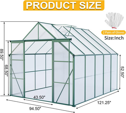 KEIKI 8x10 FT Double Door Polycarbonate Greenhouse with Aluminum Frame,Raised Base and Roof Vent,Walk-in Greenhouses for Patio Garden Backyard