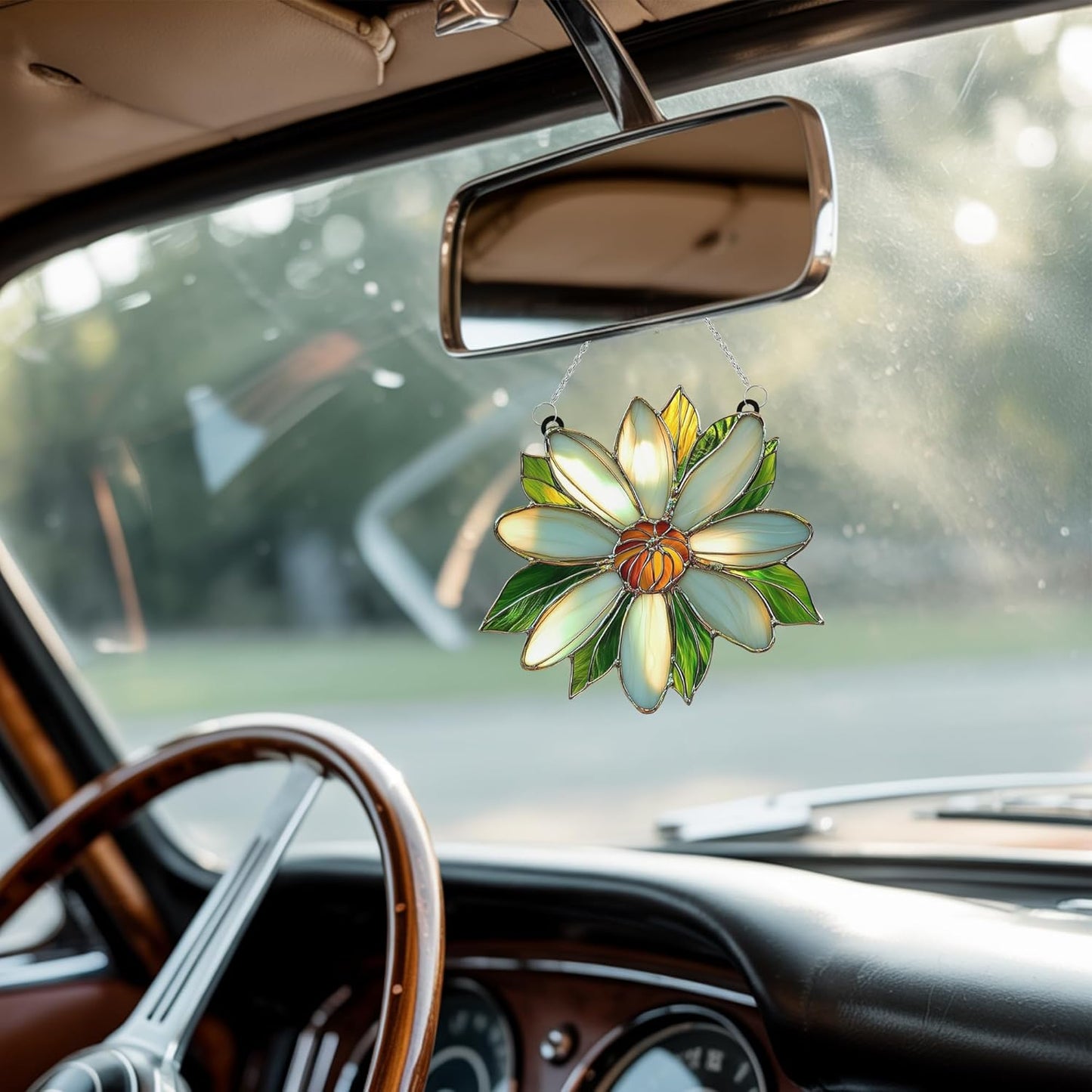 White Daisy Flower Acrylic Suncatcher Stained Glass Effect Window Car Hanging Christmas Ornament Indoor Outdoor Decor Garden Sun Catcher Panel for Flowers Lover for Women Mom Grandma