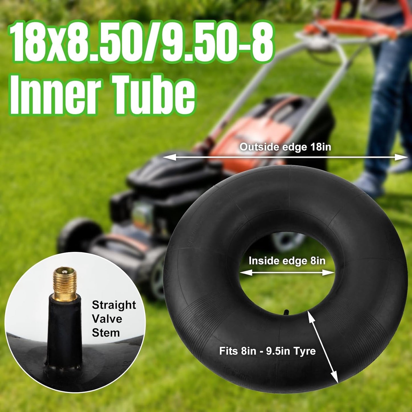 18x8.50-8 18x9.50-8 Inner Tubes, 2 Pack Heavy Duty Replacement Tire Inner Tubes with Straight Valve Stem for Lawn Mowers, Wheelbarrows, ATVs, Go Karts, Tractors, Snow Blowers, Golf Carts, Trailers
