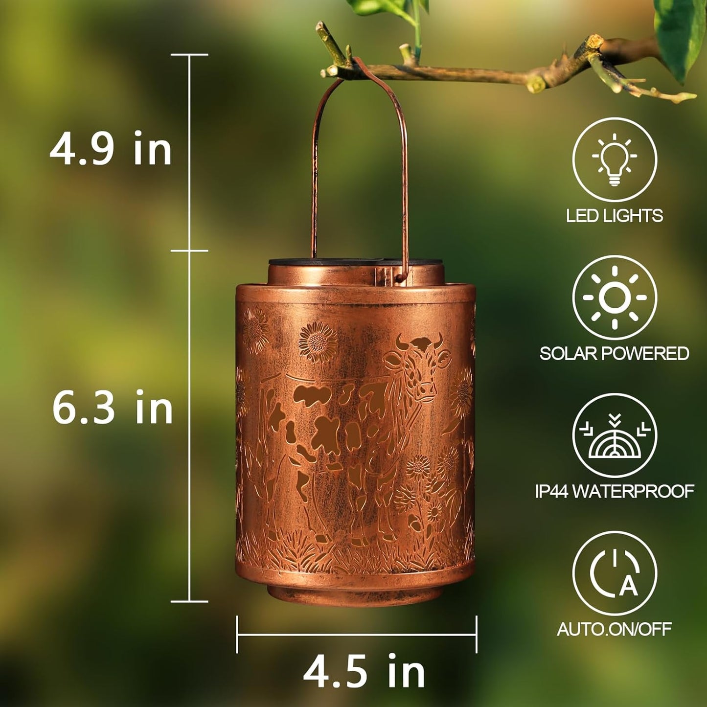 Solar Lanterns Garden Decor Birthday Gifts for Women Mon Grandma Metal Hanging Solar Lights Waterproof Outdoor Decoration for Outside LED Lanterns for Yard Patio Lawn (Cow)