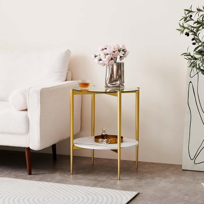 Round Glass End Table, Mid-Century Modern Design Sofa Table for Living Room, D18 x H23 in, 2-Tier Structure, Clear Glass Top and White Marble Shelf, Sleek Conical Legs with Gold Finish Frame