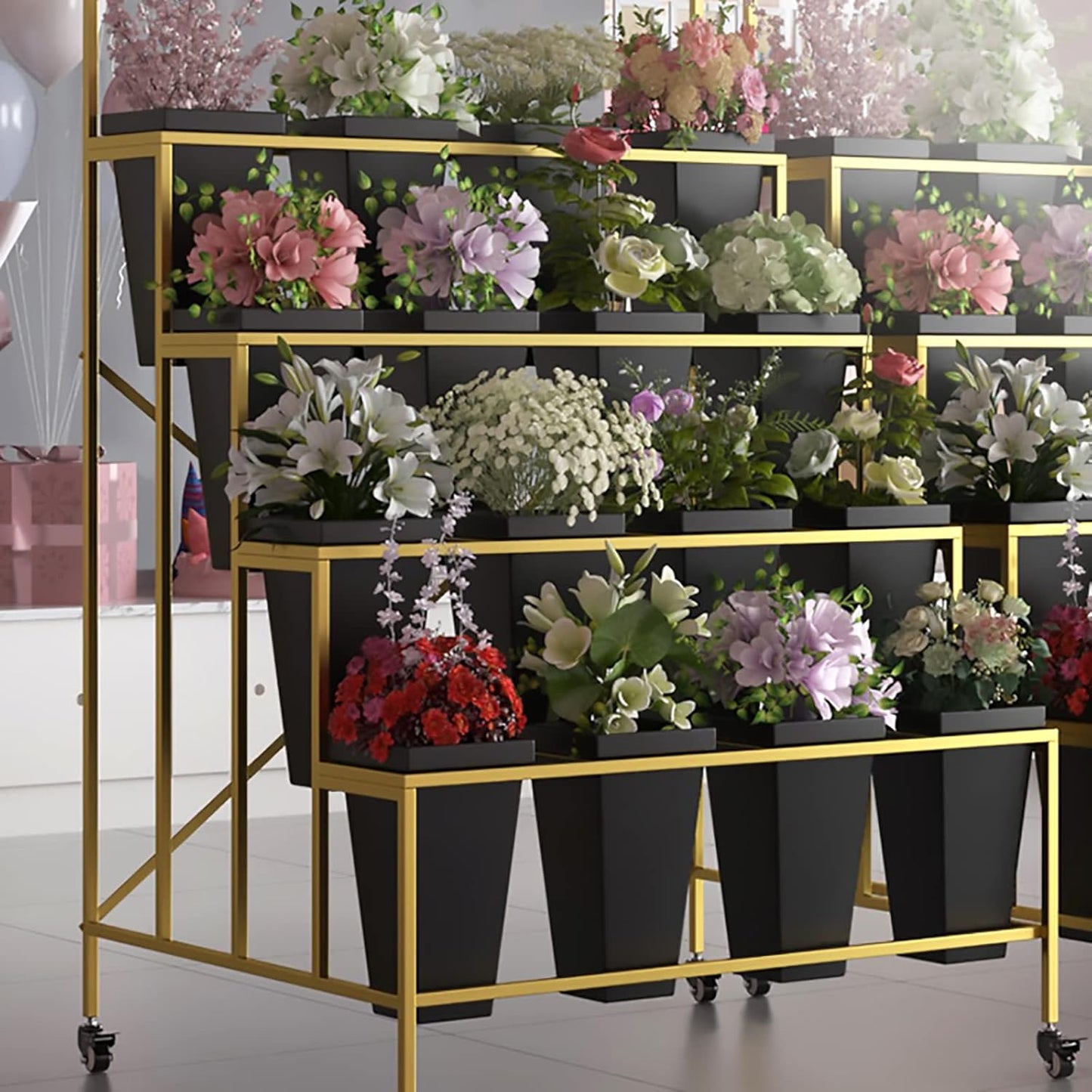 Flower Display Stand With 12PCS Buckets, 3 Layers Metal Plant Stand with Wheels, Heavy Duty Moving Plant Cart Shelf, for Indoor, Outdoor Patio Garden, Living Room, Florist (Black - Square Bucket)