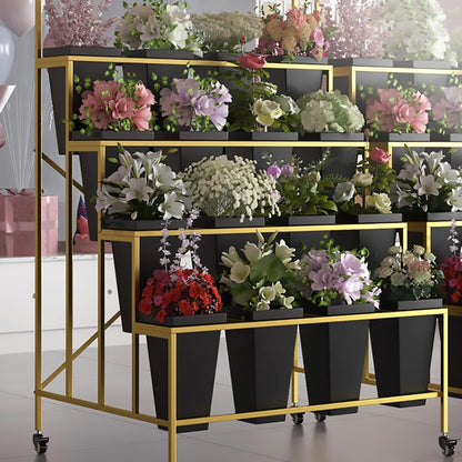 Flower Display Stand With 12PCS Buckets, 3 Layers Metal Plant Stand with Wheels, Heavy Duty Moving Plant Cart Shelf, for Indoor, Outdoor Patio Garden, Living Room, Florist (Black - Square Bucket)