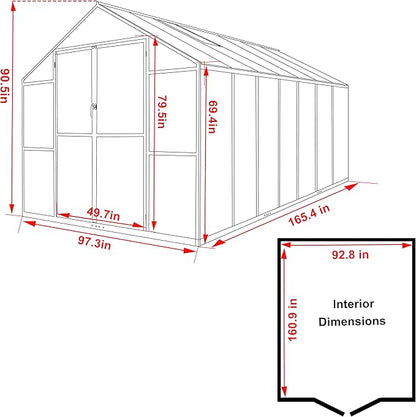 BlueWish 8x14FT Greenhouse for Outdoors, Aluminum Greenhouses with Adjustable Vents,Lockable Door, Heavy Duty Greenhouse Kit with Polycarbonate, Walk-in Green House for Garden, Gray