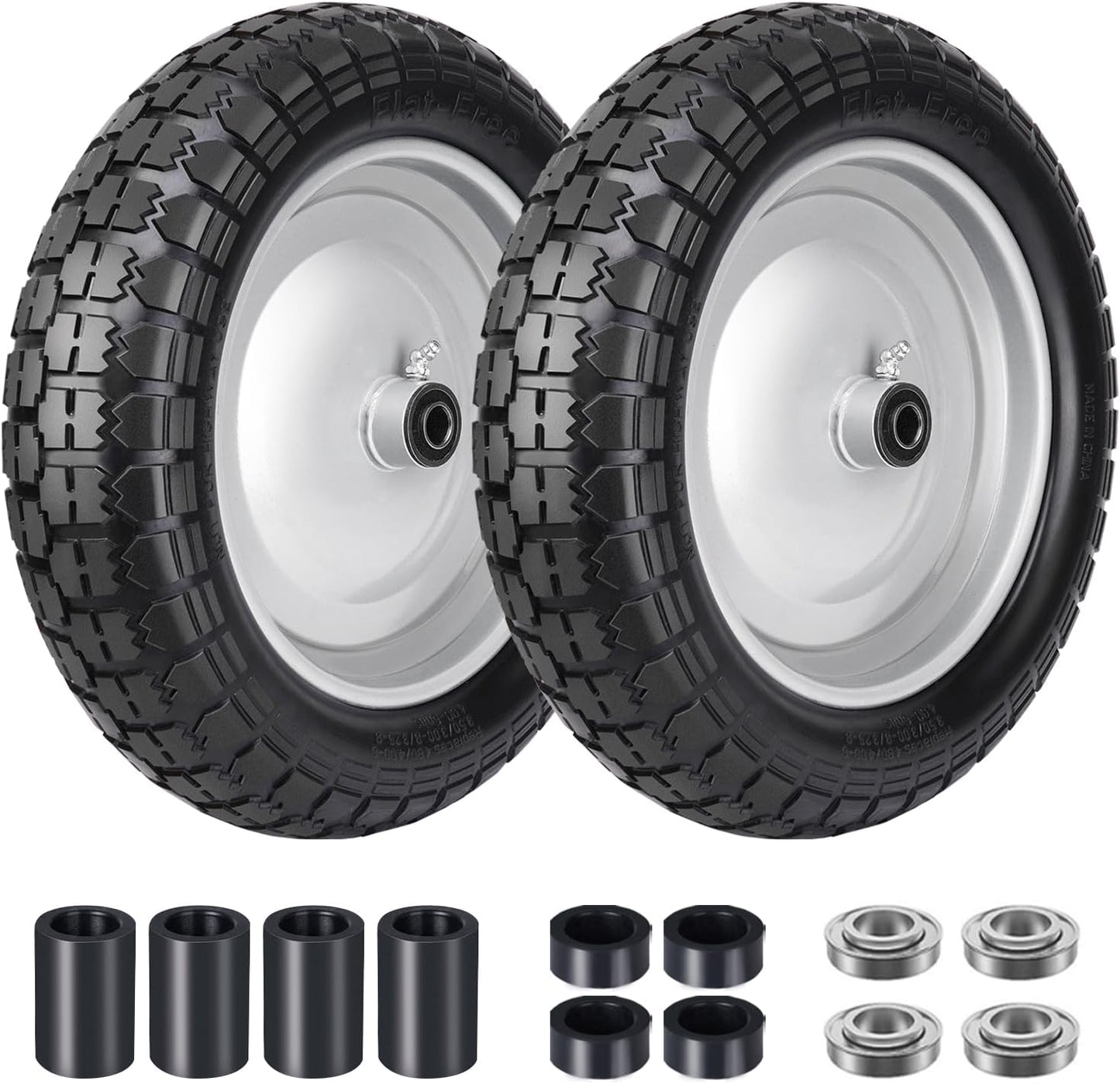 4.80/4.00-8 Tire, 14.5" Flat Free Wheelbarrow Tire and Wheel, 5/8" 3/4" Bearings Solid Replacement Tires, 3" -7" Centered Hub, Universal Fit 4.80/4.00-8, 3.50/3.00-8, 4.00-6, 2 Pack