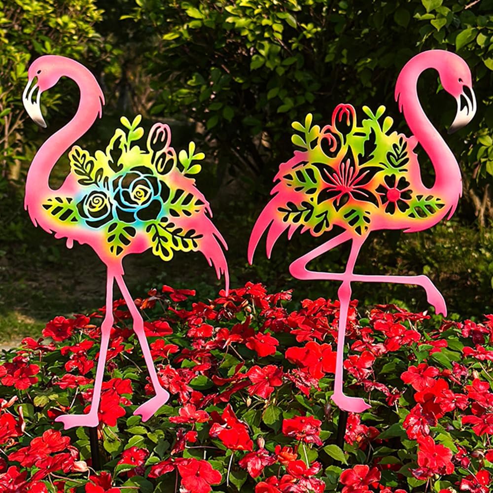Pink Metal Flamingo Garden Statue - 20.5 inch Hand Flamingo Painted Metal Patio Art, Outdoor Decorative Stake Flamingo Statue for Lawn, Patio, Porch and Backyard, Gifts for Ladies (B Style 2 Pack)