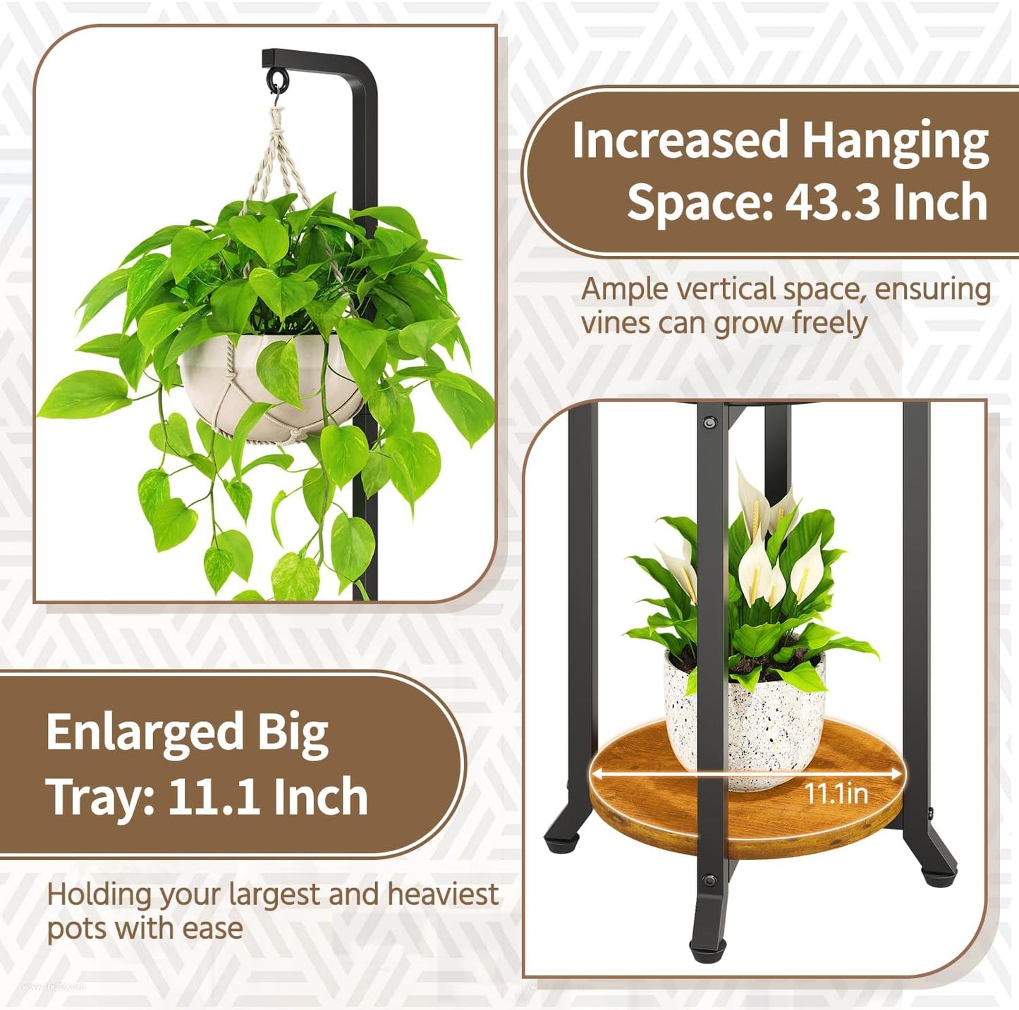 LASZOLA Black 2 Tier 61.5 Inch Tall Plant Stand Indoor with Hanging Ring, Large Heavy Duty Metal Vertical Corner Rack for Multiple Planter, Sturdy Rustic Flower Shelf Holder Organizer for House Patio