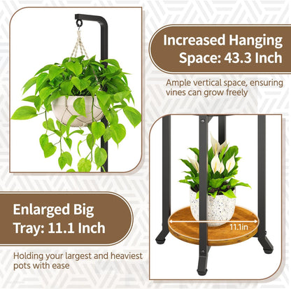 LASZOLA Black 2 Tier 61.5 Inch Tall Plant Stand Indoor with Hanging Ring, Large Heavy Duty Metal Vertical Corner Rack for Multiple Planter, Sturdy Rustic Flower Shelf Holder Organizer for House Patio