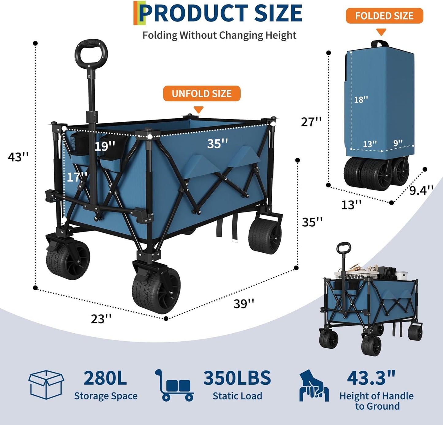 35" Foldable Wagon for Beach with 350lbs Weight Capacity, Heavy Duty 280L Extra Large Collapsible Foldable Wagon for Camping, All Terrain Beach Wagons Extended with Cup Holders for Sand