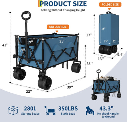 35" Foldable Wagon for Beach with 350lbs Weight Capacity, Heavy Duty 280L Extra Large Collapsible Foldable Wagon for Camping, All Terrain Beach Wagons Extended with Cup Holders for Sand