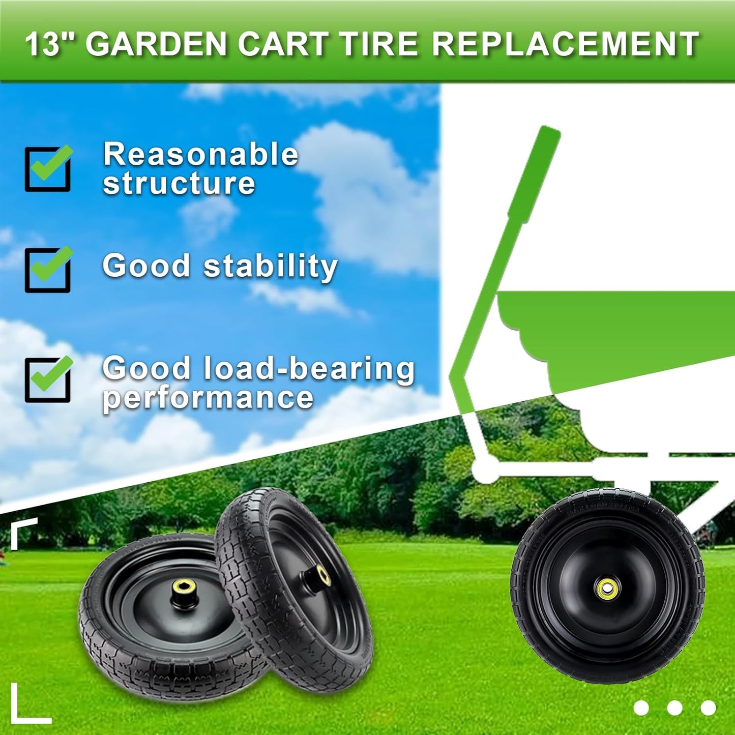 Cenipar 13" Flat-Free Tire and Wheel for 13"Garden Cart Tire Replacement with 5/8" Axle Borehole, 2.1" Offset Hub, 3.15" Wide Tires Used for Wheelbarrow Garden Cart and Trolleys, 2-Pack
