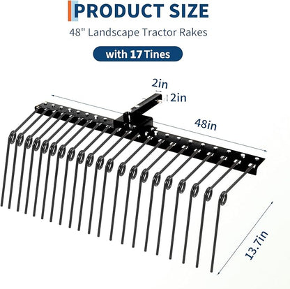 48 in Durable Pine Straw Rake Steel Spring Landscape Rake Fits 2 in Receiver for Lawn Tractors or ATV/UTV, Black