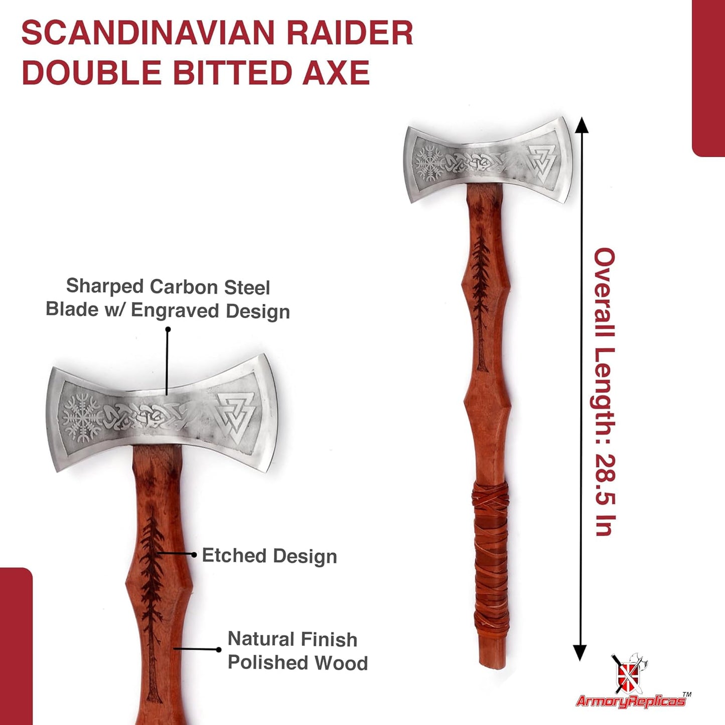 Armory Replicas™ Viking Raider Double Bitted War Axe - Hand Crafted Tempered Carbon Steel Norse Inspired Battle Axe w/Genuine Leather Sheath