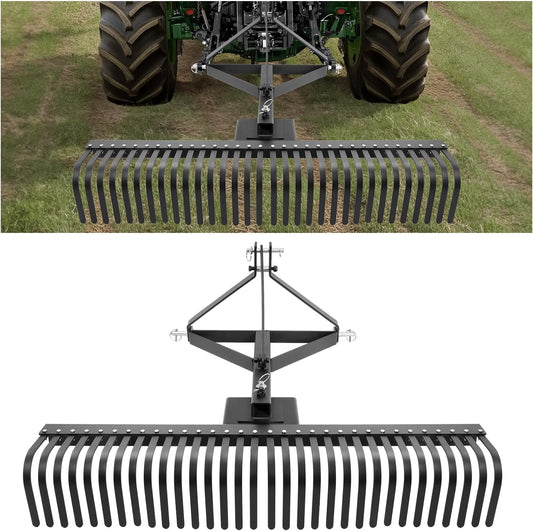 KUAFU 60" Landscape Rake, 3 Point Rake 360 Rotation Compatible with Category 1 Cat1 Compact Tractors Tow-Behind Garden Tool for Garden, Farm, Clearing Brush, Raking Arenas 2 Package Black