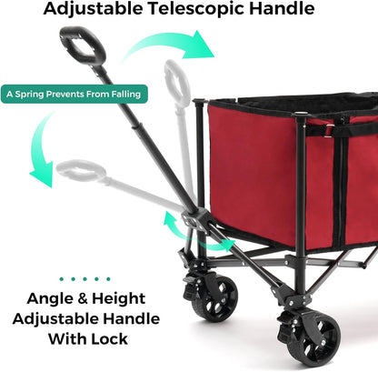 SUNNYFEEL Wagon Cart Foldable, Standard Borderless Version Collapsible Wagon with 220 LBS Max Load, Up to120L Foldable Grocery Cart with Side Opened for Groceries, Garden & Camping,Red