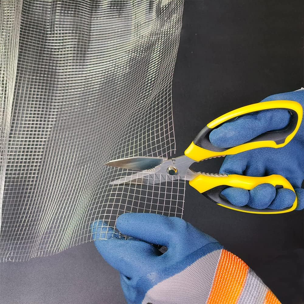 Heavy Duty 8'' Multipurpose Scissors with Protective Cover, Stainless Steel Serrated Blades, Easy Cutting Cardboard, Leather, Fabric, Wires, Nutcracker, Yellow
