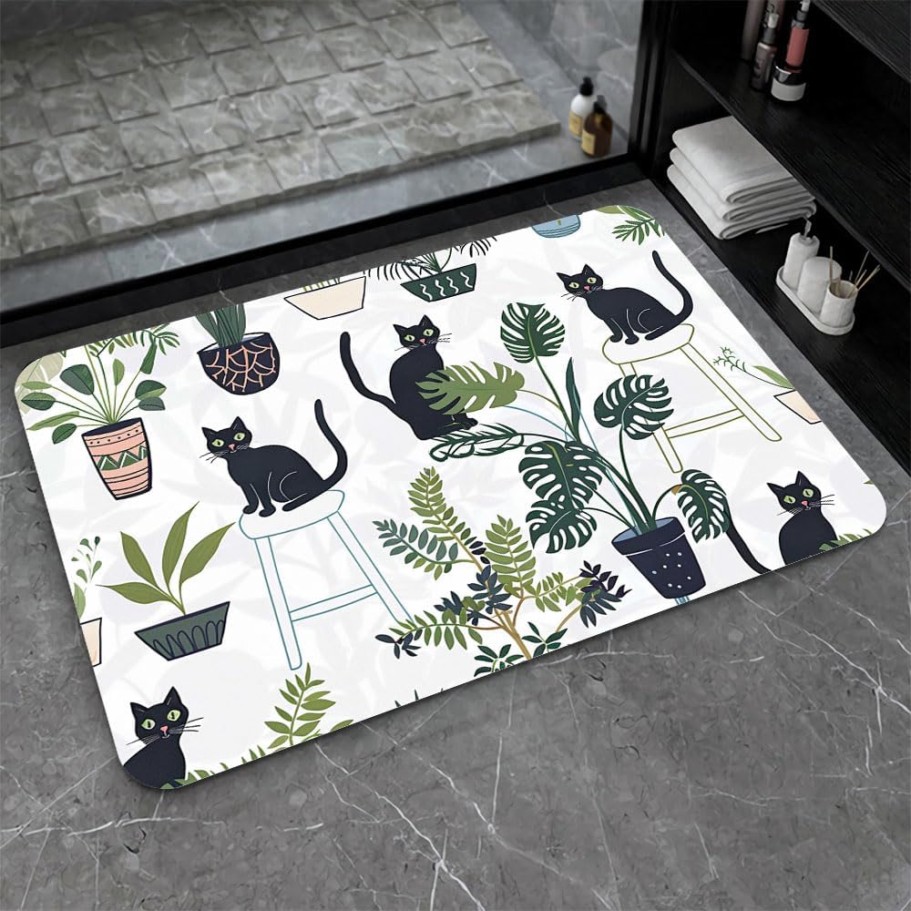 Bath Mat-Bathroom Rug，Cats and Potted Plants-Absorbent Non Slip Quick Dry Stain Resistant Easy to Clean Care Shower Rug for Bathtub Shower Room 17×27.5Inch (43 * 70cm)