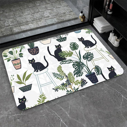 Bath Mat-Bathroom Rug，Cats and Potted Plants-Absorbent Non Slip Quick Dry Stain Resistant Easy to Clean Care Shower Rug for Bathtub Shower Room 17×27.5Inch (43 * 70cm)