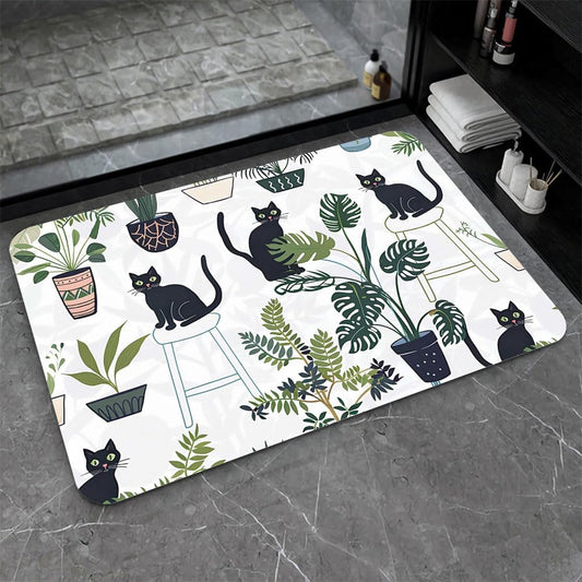 Bath Mat-Bathroom Rug，Cats and Potted Plants-Absorbent Non Slip Quick Dry Stain Resistant Easy to Clean Care Shower Rug for Bathtub Shower Room 20×31Inch (50 * 80cm)