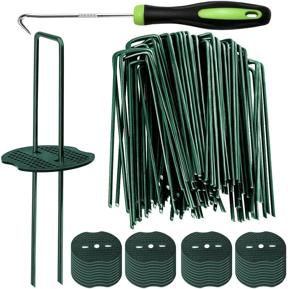 Bakulyor 100pcs Green Artificial Turf Stakes Staples + 100pcs Buffer Washer, 6 Inch 11 Gauge Landscape Staples, Galvanized Lawn Spikes, Heavy Duty Yard Ground Pin for Grass Weed Barrier Sod Fabric