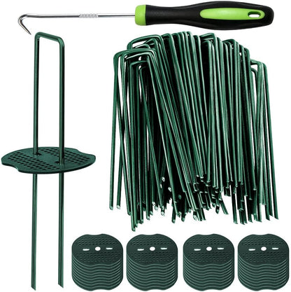 Bakulyor 100pcs Green Artificial Turf Stakes Staples + 100pcs Buffer Washer, 6 Inch 11 Gauge Landscape Staples, Galvanized Lawn Spikes, Heavy Duty Yard Ground Pin for Grass Weed Barrier Sod Fabric