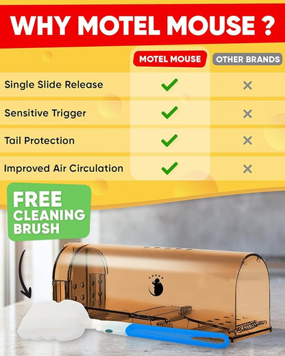 Motel Mouse Humane No Kill Live Catch and Release Mouse Traps, Reusable with Cleaning Brush - 4 Pack