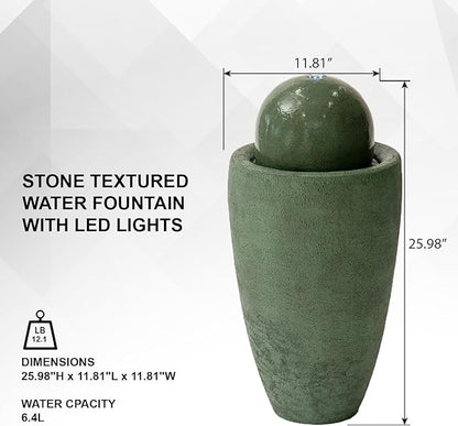 XBrand 25.98" H Round Stone Indoor/Outdoor Modern Stone Textured Sphere Water Fountain w/LED Lights, Ball Fountain Decor, Green