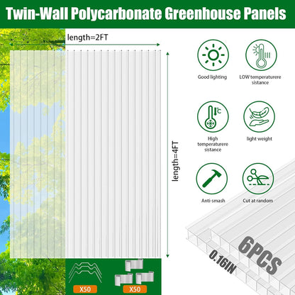 Polycarbonate Greenhouse Panels 6 Pack 4' x 2' x 0.16" Twin-Wall UV-Protected All Weather Plastic Roof Panel Clear Replacement Sheets for Garden Fences, Furniture DIY,Outdoor Roofing
