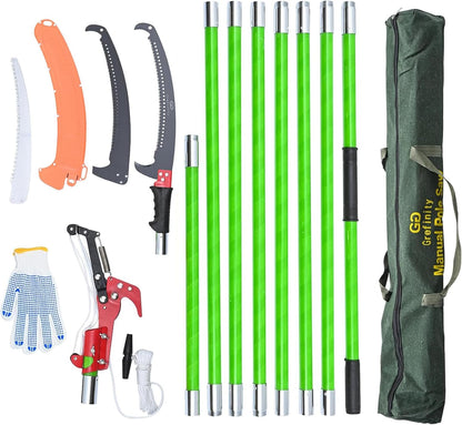 27FT Manual Pole Saw, Tree Branch Trimmer with 8-Section Fiberglass Handle, Sharp Steel Blade and Scissors, Lightweight Extendable Design for High Branch Trimming, Ideal for Palms and Shrubs
