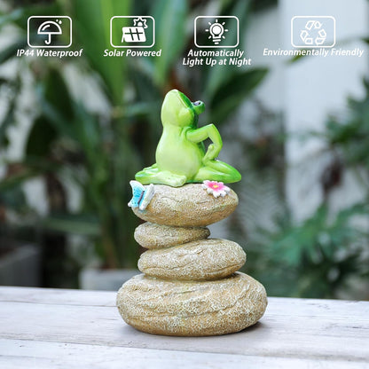 Solar Garden Statues Outdoor Frog Decor, Garden Sculptures Stones Solar Statue Novelty Yoga Frog Figurine Decoration for Patio Yard Porch Art Home Decor
