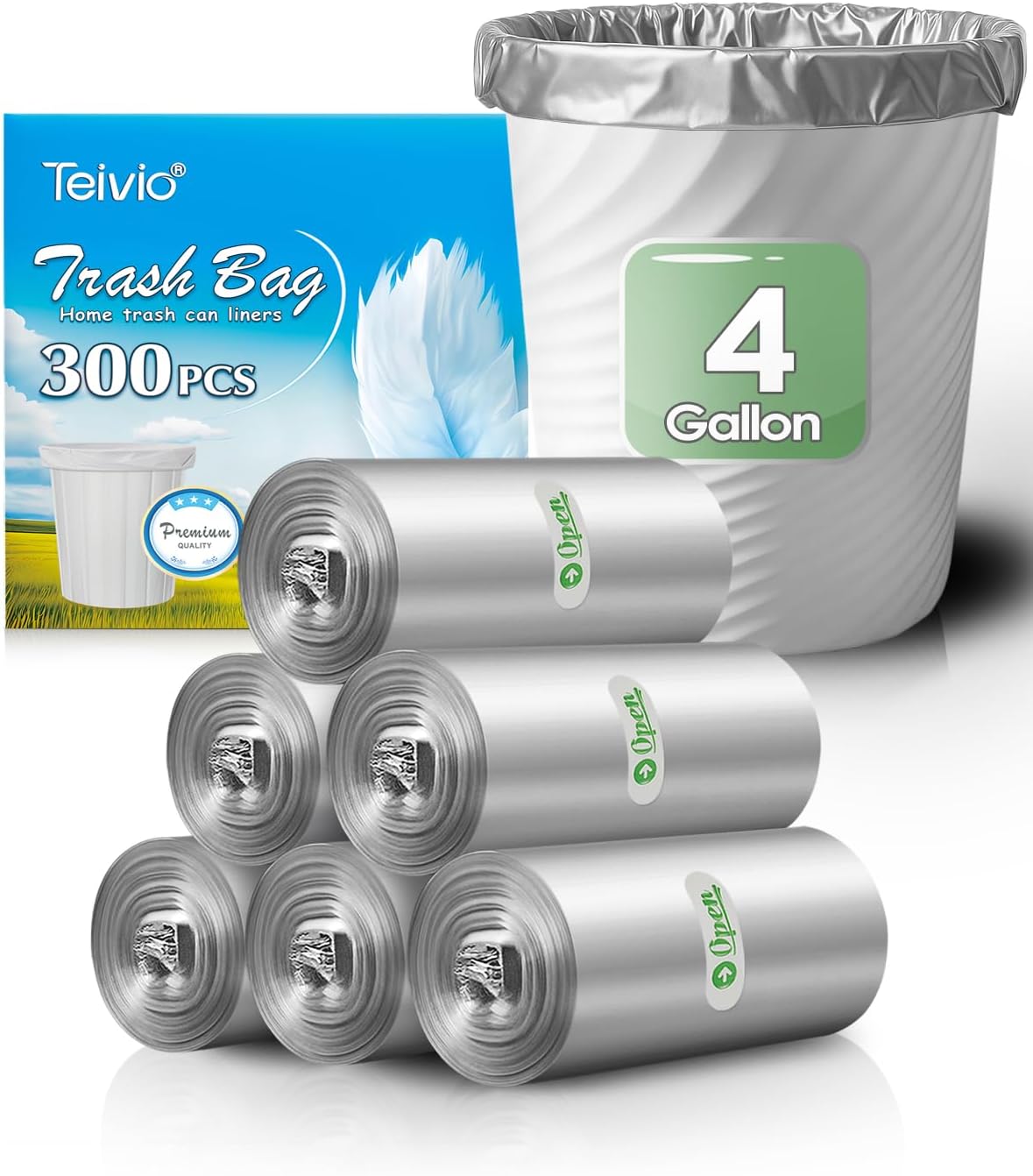 4 Gallon 300 Counts Strong Trash Bags Garbage Bags by Teivio, Bathroom Trash Can Bin Liners, Small Plastic Bags for home office kitchen (Grey)