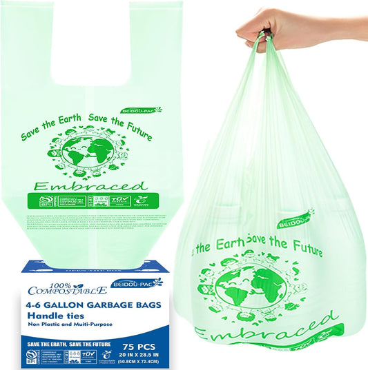 4-6 Gallon Compostable Trash Bags, 75 Count, Kitchen Compost Bags With Handle, Sturdy Biodegradable