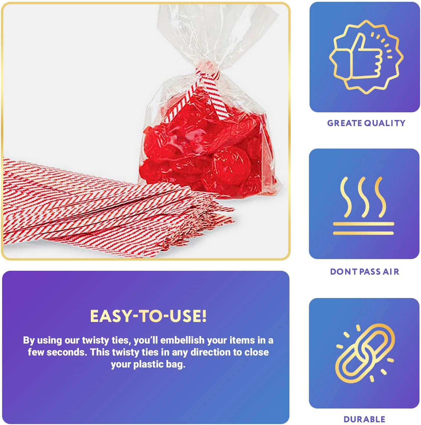 APQ Red and White Metallic Twist Ties for Bags, 4 inches. 2000 Pack Plastic-Coated Bread Twist Ties for Treat Bags. Reusable Bread Ties. Light Metallic Twist Tie. Heavy-Duty Twisty Ties for Bags