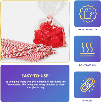 APQ Red and White Metallic Twist Ties for Bags, 4 inches. 2000 Pack Plastic-Coated Bread Twist Ties for Treat Bags. Reusable Bread Ties. Light Metallic Twist Tie. Heavy-Duty Twisty Ties for Bags