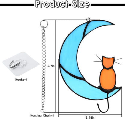 Cat Decor Stained Glass Moon Decor Window Hanging Ornament Garden Suncatcher Gifts for Cat Lover for Women Memorial Gifts Cat Gift (Orange Cat on Blue Moon)